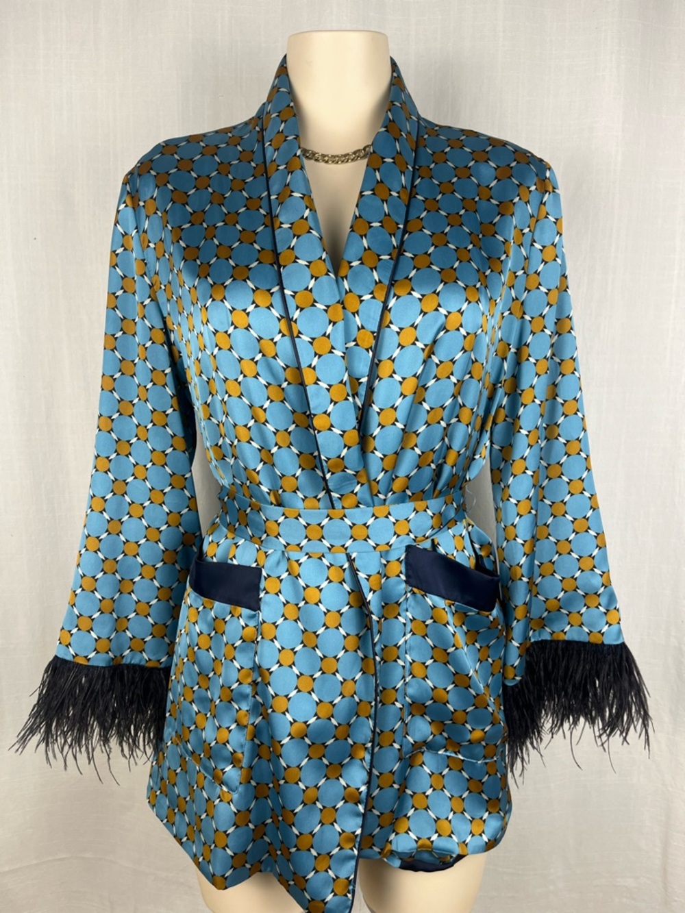 Zara Blue & Gold Geometric Satin Wrap bath robe night gown